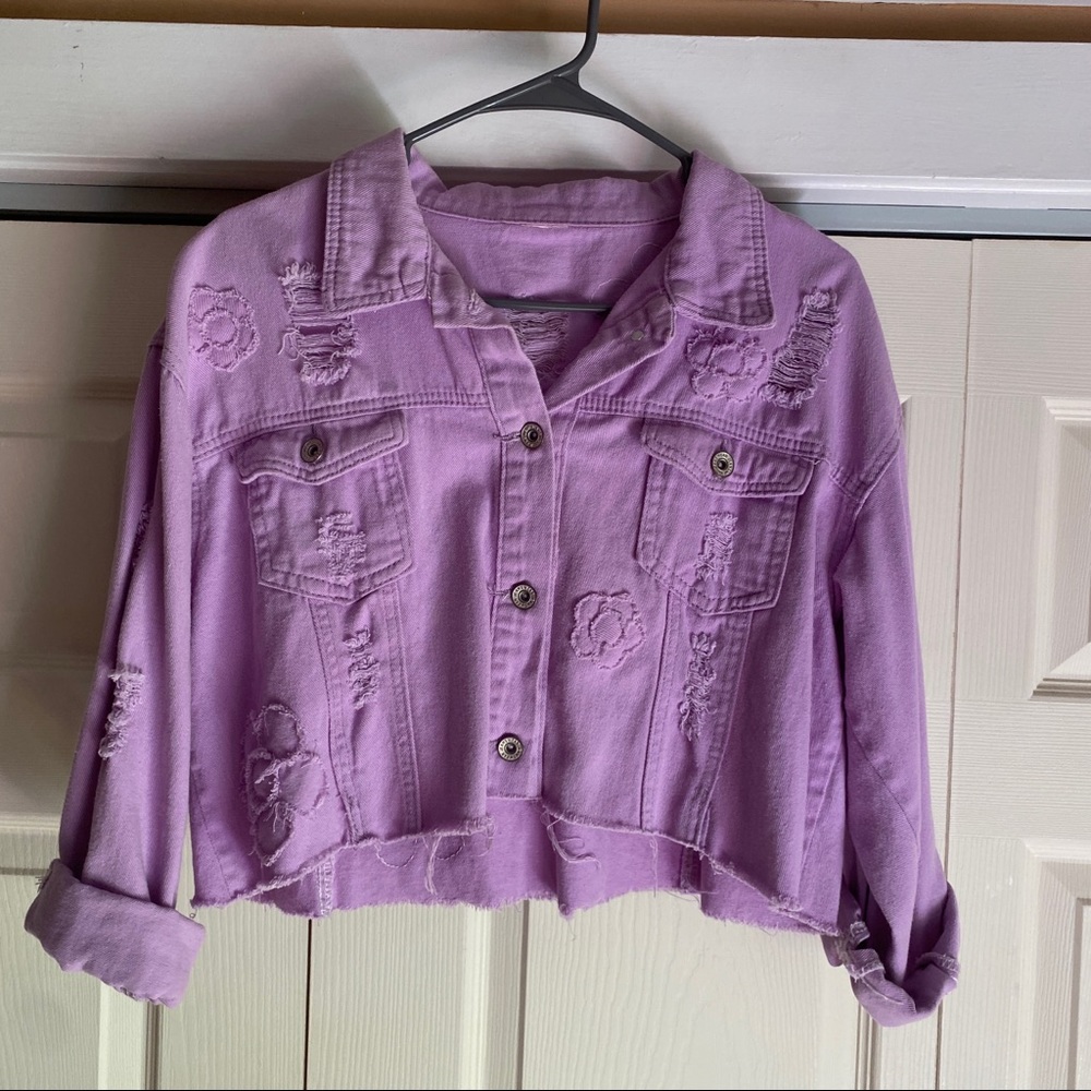 Vintage lavender flower embroidered denim cropped jacket